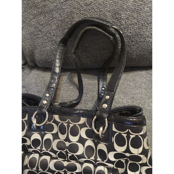 Coach Signature Turn Lock Tote Bag Black Silver Enamel Canvas Authentic - Picture 4 of 16